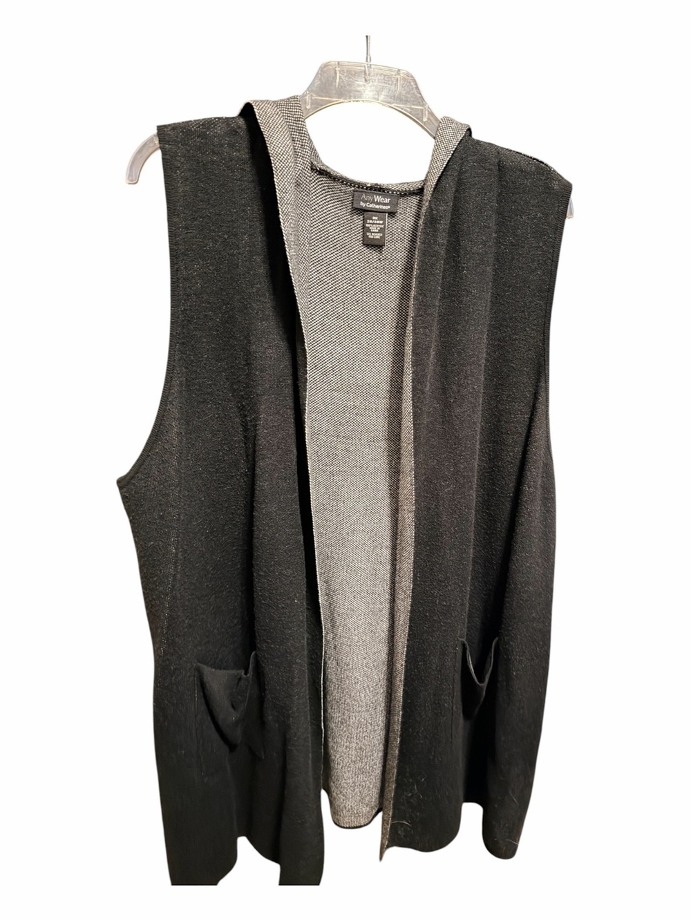 Catherines Black Hooded Open Front sweater Vest with Gray Trim